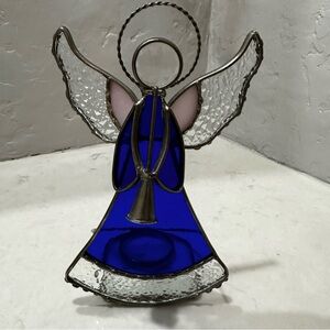 Vintage Stained Glass Cobalt Blue Angel Holding Trumpet Tea Light Christmas 8”